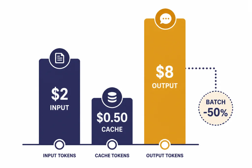 GPT-4.1 Token Pricing Pricing bars labeled $2 INPUT, $0.50 CACHE, and $8 OUTPUT, with a BATCH -50% badge.