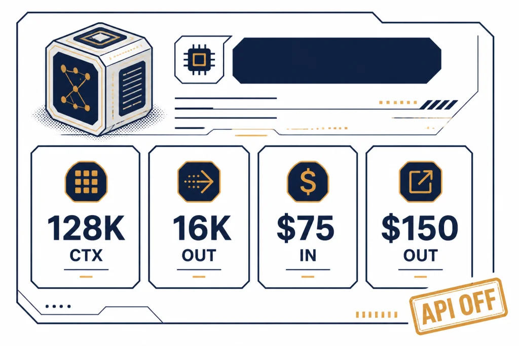 Spec card with tiles labeled 128K CTX, 16K OUT, $75 IN, $150 OUT, and API OFF.