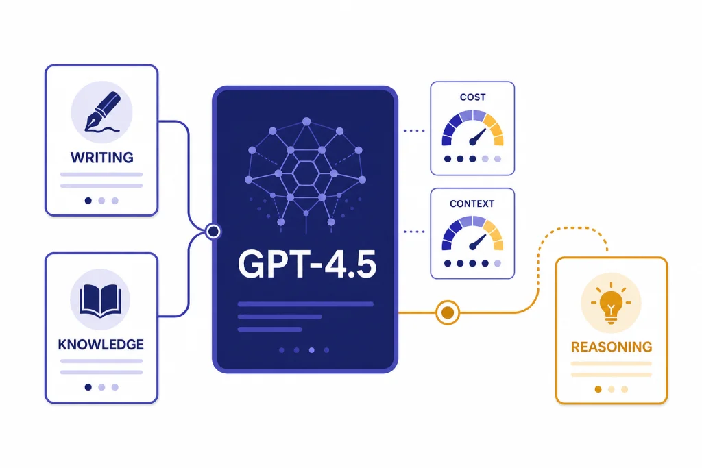 GPT-4.5 Model Position Dashboard card labeled GPT-4.5 connected to WRITING, KNOWLEDGE, and REASONING task cards with gauges.