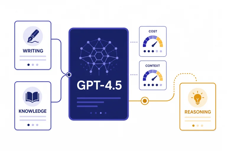 Dashboard card labeled GPT-4.5 connected to WRITING, KNOWLEDGE, and REASONING task cards with gauges.