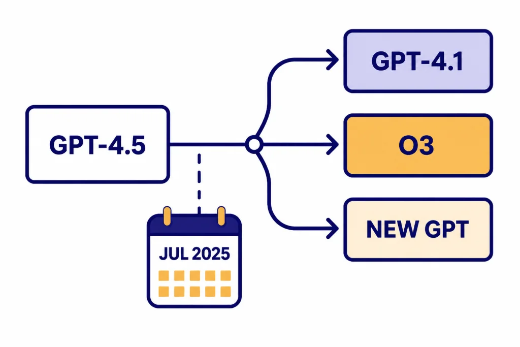 Migration flowchart from GPT-4.5 to GPT-4.1, O3, and NEW GPT with JUL 2025 calendar icon.