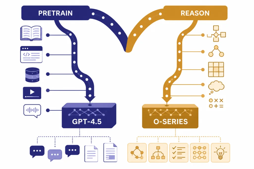 Split-path diagram with PRETRAIN feeding GPT-4.5 and separate REASON path feeding O-SERIES.