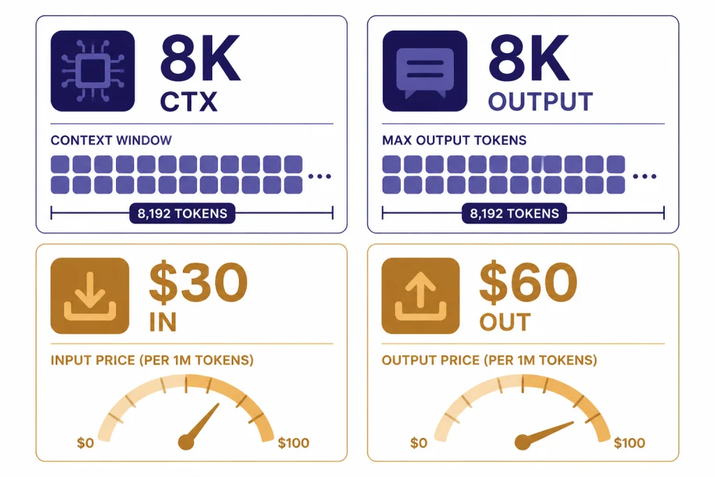 API spec dashboard with four tiles labeled 8K CTX, 8K OUTPUT, $30 IN, and $60 OUT.