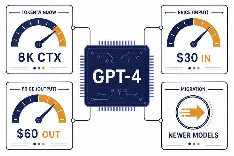 Central GPT-4 card with panels labeled 8K CTX, $30 IN, $60 OUT, and NEWER MODELS.