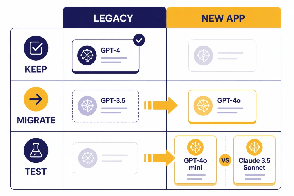Decision matrix labeled KEEP, MIGRATE, TEST, LEGACY, and NEW APP with arrows between model cards.