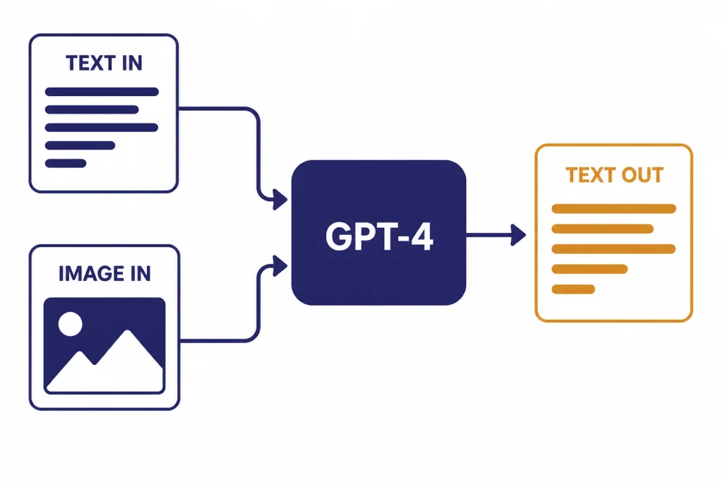 Input-output diagram with TEXT IN and IMAGE IN flowing into GPT-4 and one TEXT OUT card.