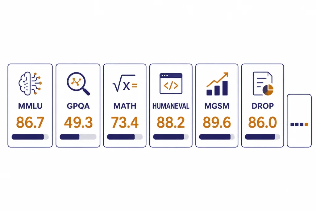 GPT-4 Turbo Eval Scores Benchmark grid with tiles labeled MMLU 86.7, GPQA 49.3, MATH 73.4, HUMANEVAL 88.2, MGSM 89.6, DROP 86.0.