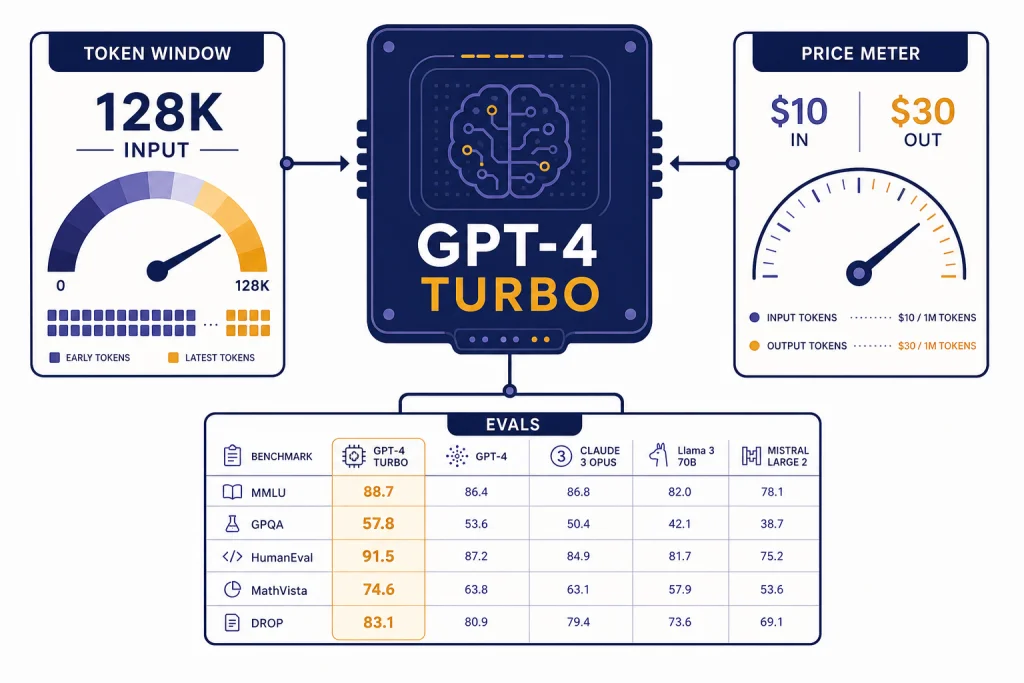 GPT-4 Turbo Overview Model card labeled GPT-4 TURBO connected to panels labeled 128K INPUT, $10 IN, $30 OUT, and EVALS.