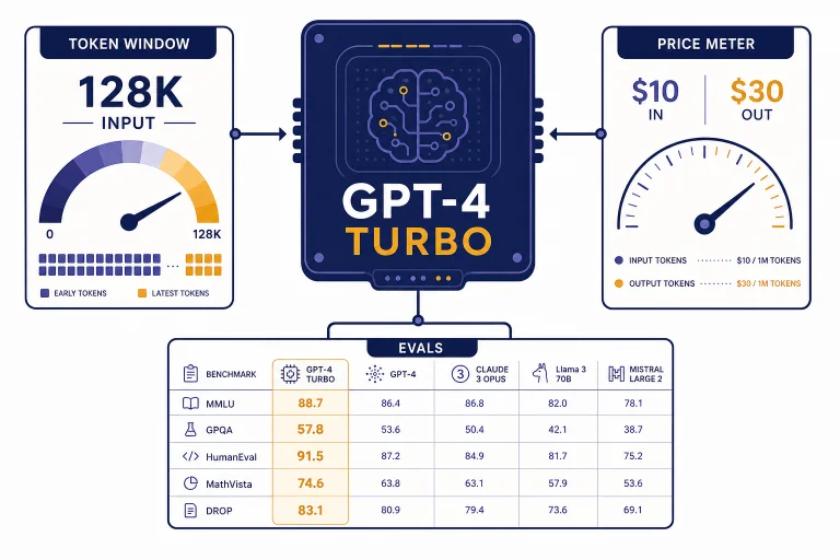 Model card labeled GPT-4 TURBO connected to panels labeled 128K INPUT, $10 IN, $30 OUT, and EVALS.