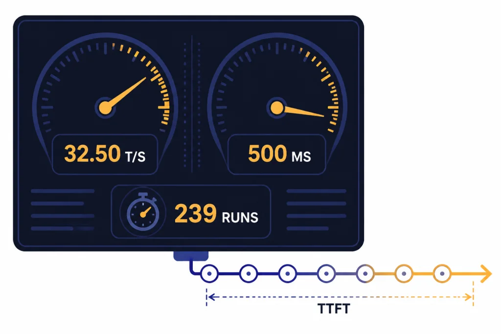 Speed Benchmark Dashboard Benchmark dashboard with gauges labeled 32.50 T/S and 500 MS, counter labeled 239 RUNS, and TTFT label.