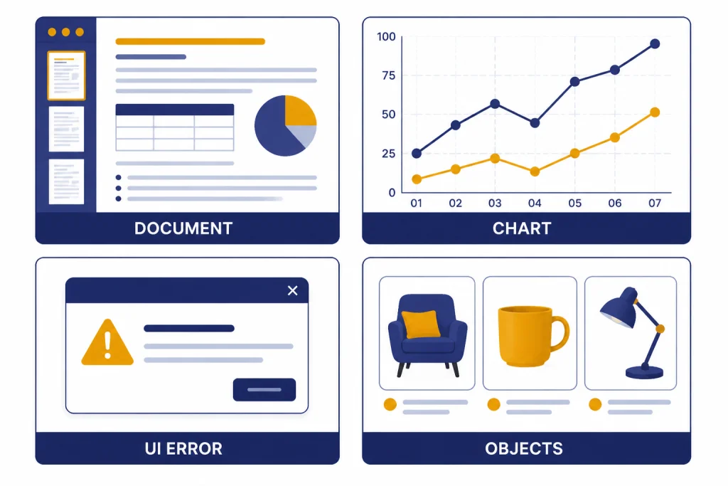 Four capability panels labeled DOCUMENT, CHART, UI ERROR, and OBJECTS.