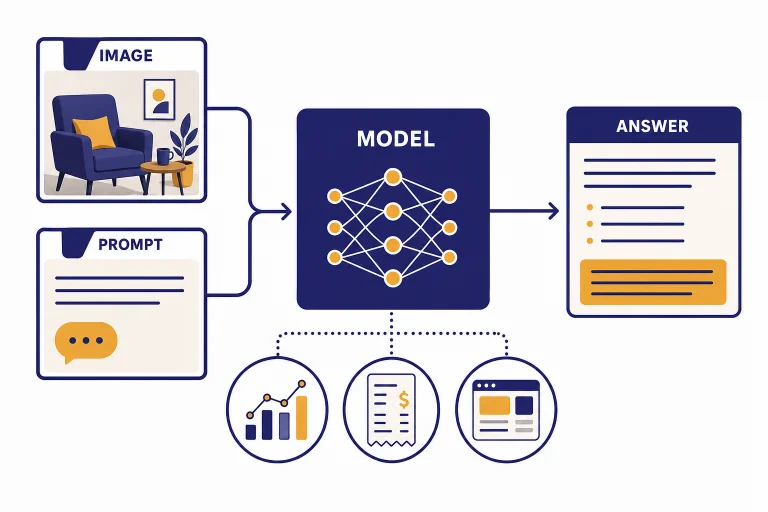 Pipeline labeled IMAGE and PROMPT feeding a MODEL block and ANSWER panel, with chart, receipt, and screenshot icons.
