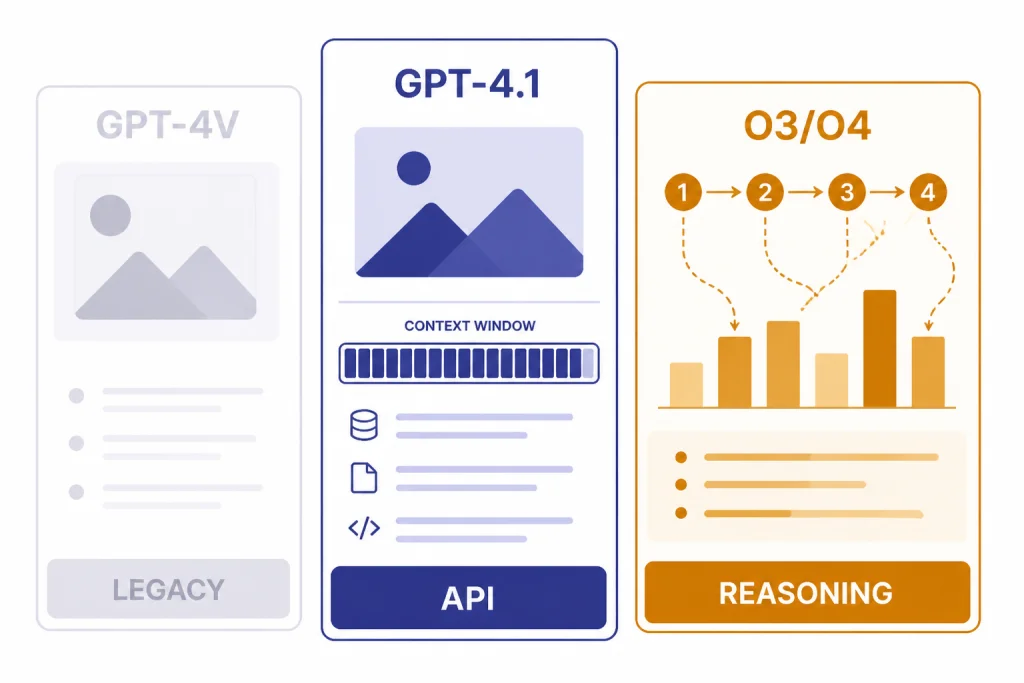 Three model cards labeled GPT-4V LEGACY, GPT-4.1 API, and O3/O4 REASONING.