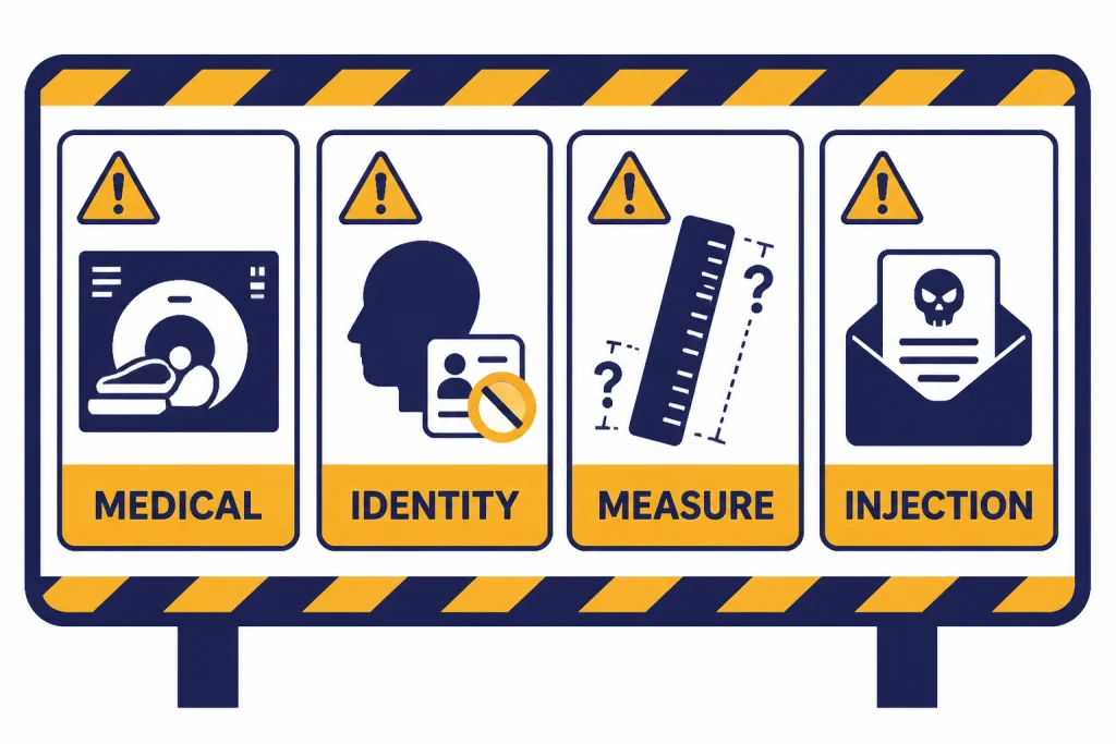 Safety board with warning cards labeled MEDICAL, IDENTITY, MEASURE, and INJECTION.