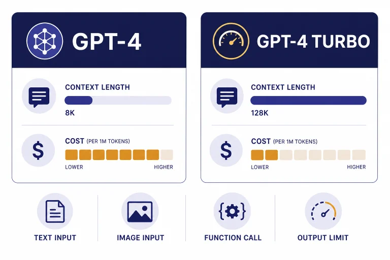 Two comparison cards labeled GPT-4 and GPT-4 TURBO with context, cost, image, function, and output icons.