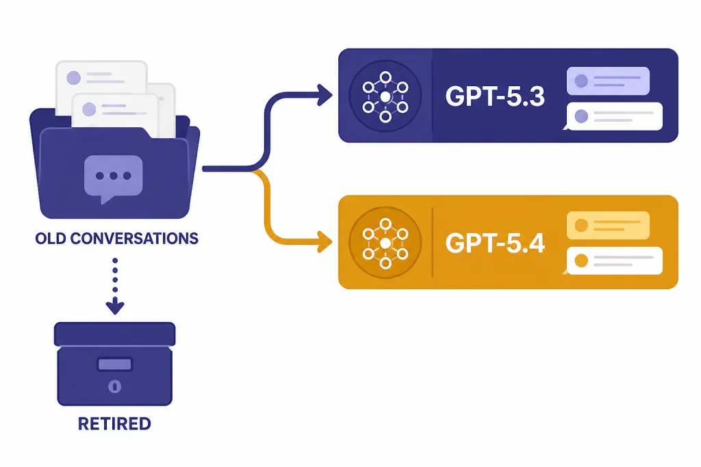 Routing diagram with old chats moving to GPT-5.3 and GPT-5.4 lanes above a RETIRED drawer.