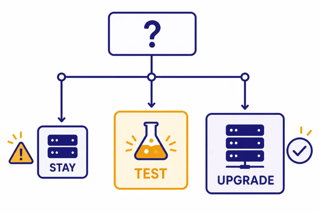 Upgrade Decision Matrix Decision matrix branching from one prompt to STAY, TEST, and UPGRADE paths.