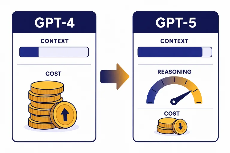 Two comparison cards labeled GPT-4 and GPT-5 with CONTEXT, COST, and REASONING indicators.