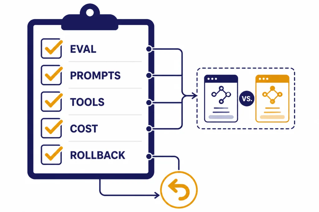 Migration checklist with rows labeled EVAL, PROMPTS, TOOLS, COST, and ROLLBACK.