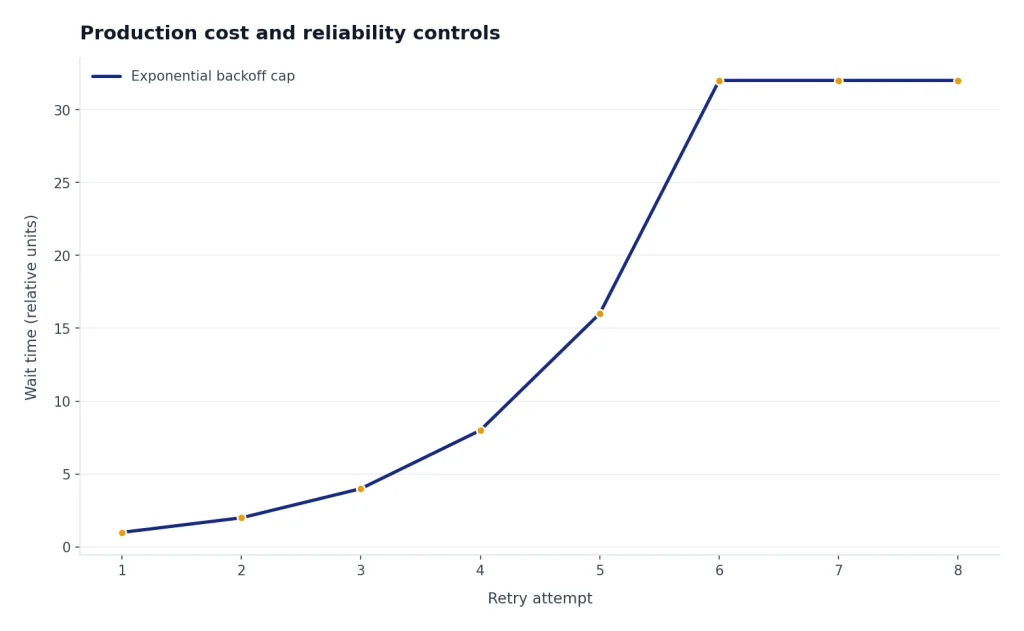 Line chart showing retry attempts 1-8: Exponential cap rises 1,2,4,8,16,32,32,32.