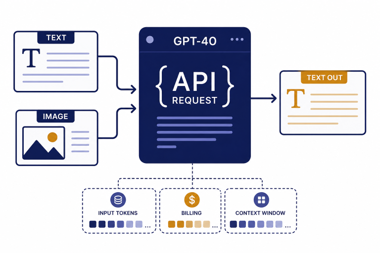 API panel labeled GPT-4O with TEXT and IMAGE inputs and TEXT OUT output, plus small token blocks.