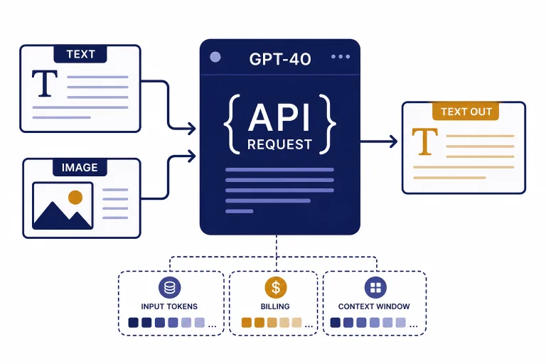 API panel labeled GPT-4O with TEXT and IMAGE inputs and TEXT OUT output, plus small token blocks.