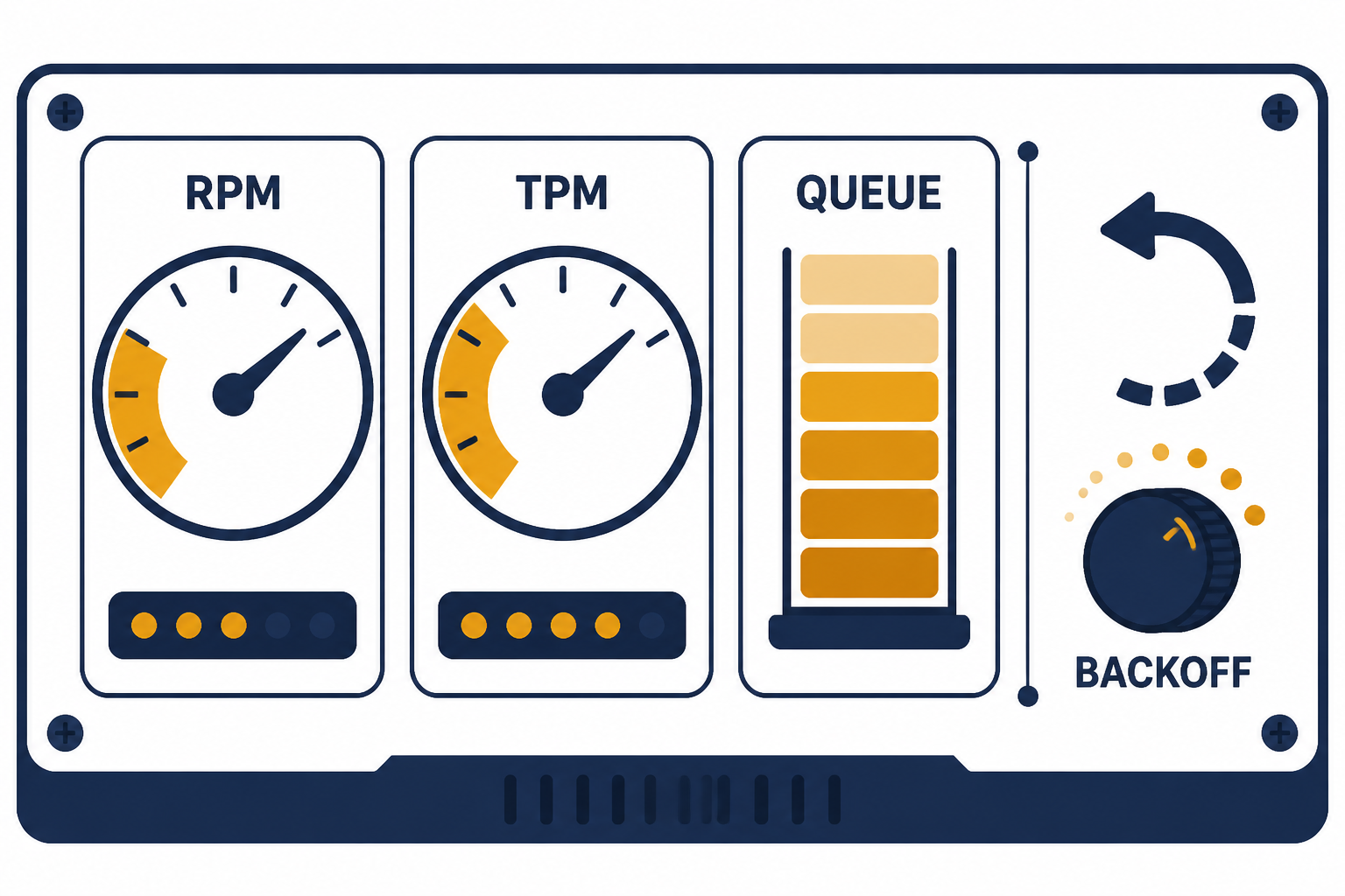 Rate-limit panel with gauges labeled RPM and TPM, a QUEUE bar, and a BACKOFF retry arrow.