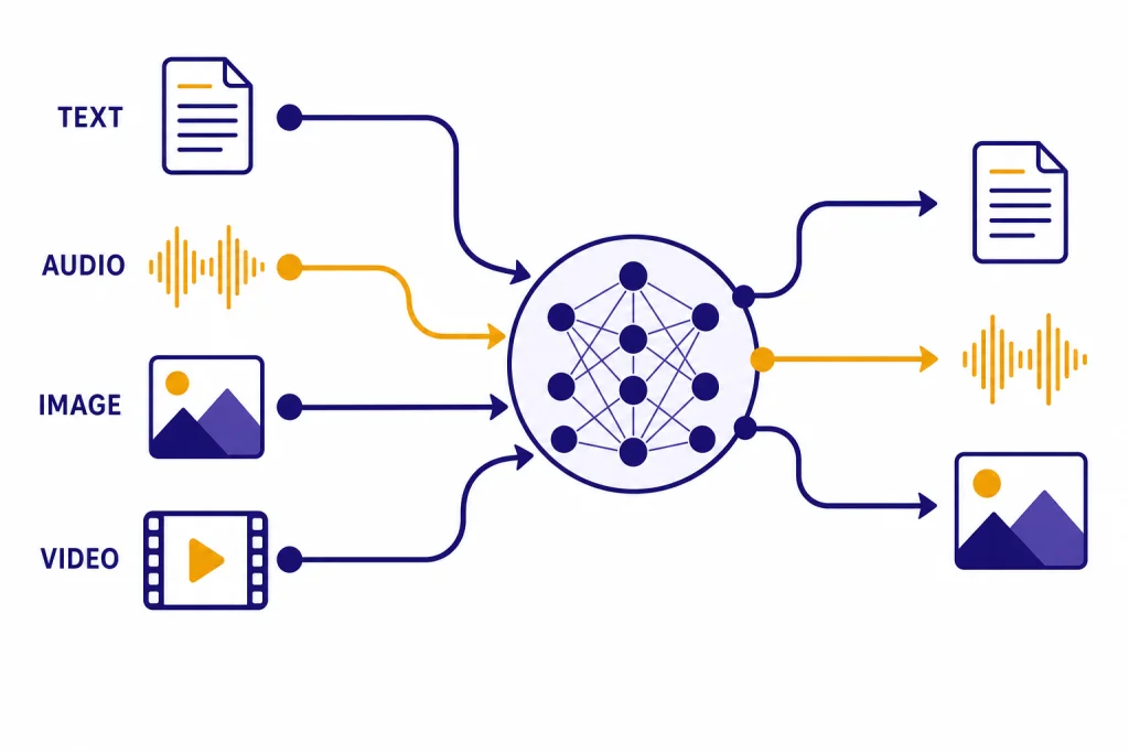 GPT-4o Omni-Modal Hub Neural hub with input lanes labeled TEXT, AUDIO, IMAGE, VIDEO and output lanes for text, audio, and image.