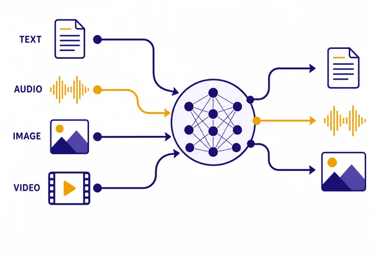 Neural hub with input lanes labeled TEXT, AUDIO, IMAGE, VIDEO and output lanes for text, audio, and image.