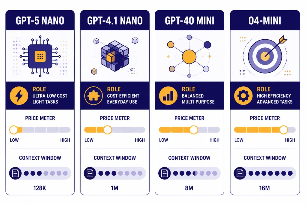 Four model cards labeled GPT-5 NANO, GPT-4.1 NANO, GPT-4O MINI, and O4-MINI with price meters.