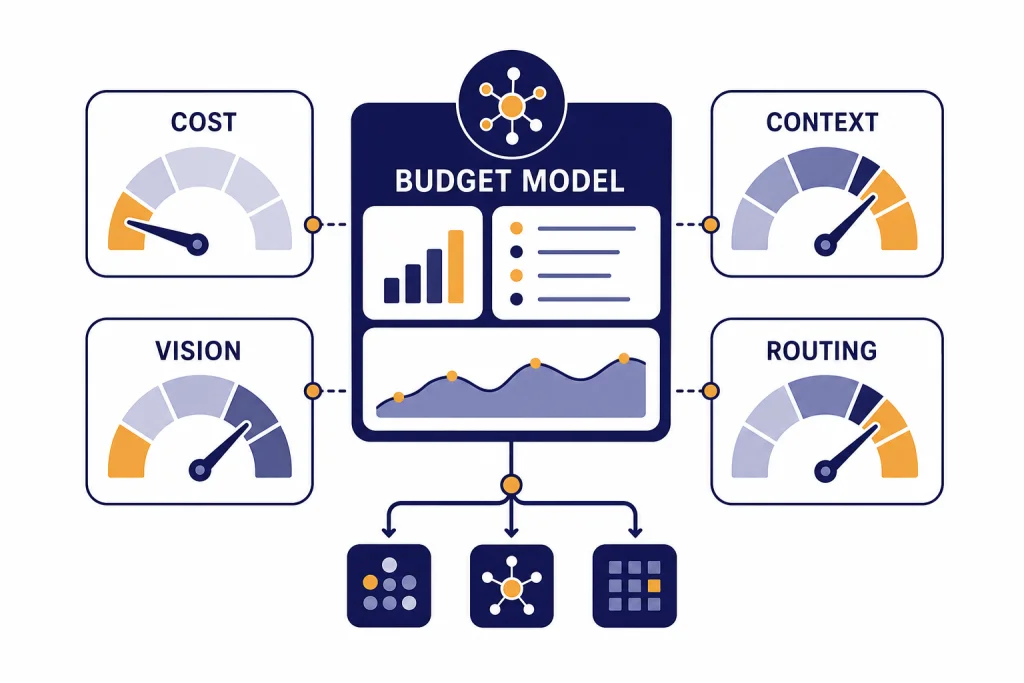 GPT-4o Mini Budget Dashboard Budget model dashboard with gauges labeled COST, CONTEXT, VISION, and ROUTING around a central card.