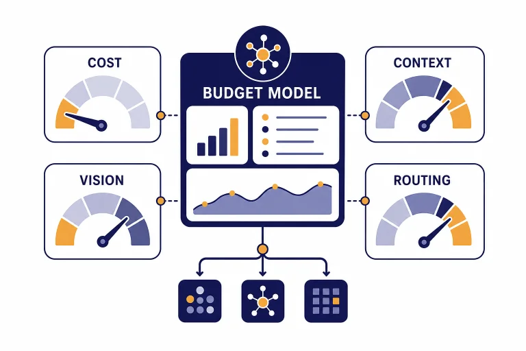 Budget model dashboard with gauges labeled COST, CONTEXT, VISION, and ROUTING around a central card.