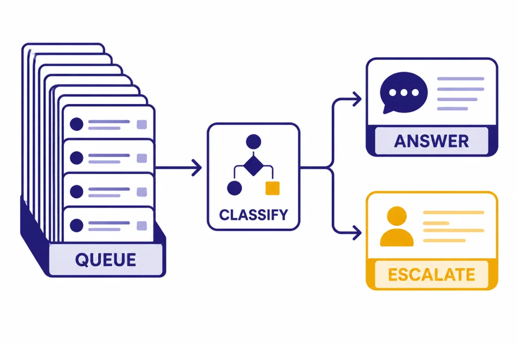 Support Routing Workflow Support workflow with message stack labeled QUEUE flowing to CLASSIFY, then ANSWER and ESCALATE branches.