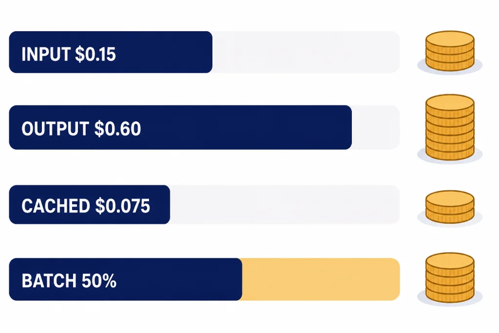 GPT-4o Mini Token Costs Four token cost bars labeled INPUT $0.15, OUTPUT $0.60, CACHED $0.075, and BATCH 50%.