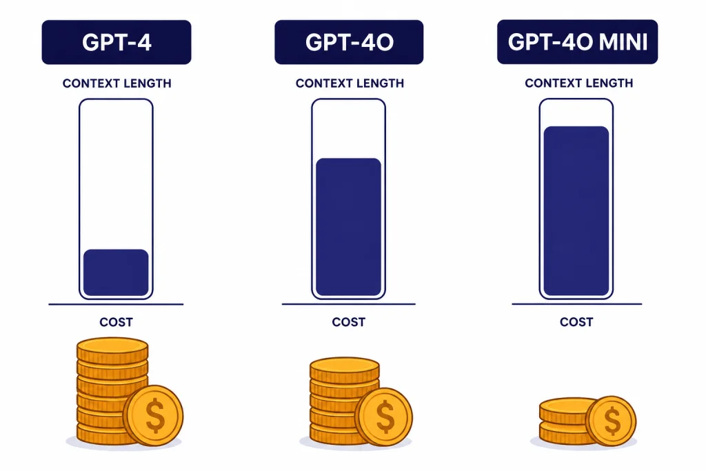 GPT-4o Model Comparison Three comparison columns labeled GPT-4, GPT-4O, and GPT-4O MINI with different context bars and cost stacks.