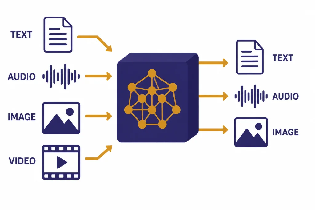 Central model core with arrows for TEXT, AUDIO, IMAGE, VIDEO inputs and text, audio, image outputs.