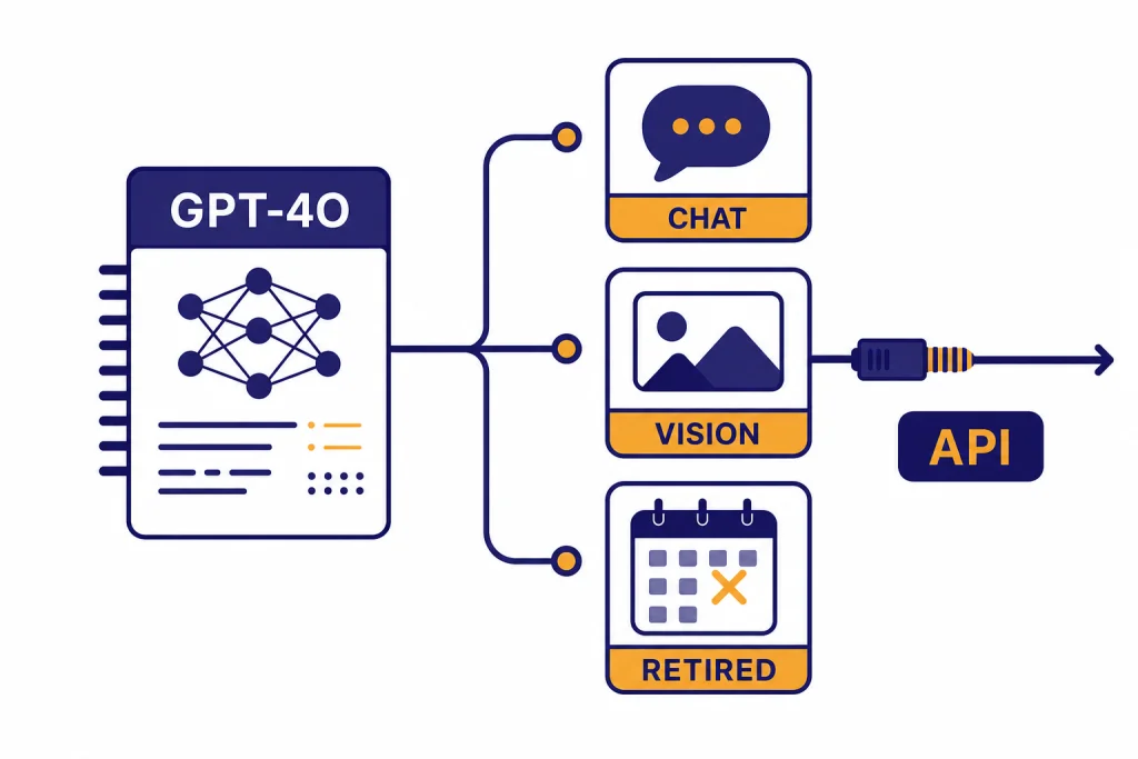 GPT-4o Review Overview Central card labeled GPT-4O connected to CHAT, VISION, API, and RETIRED review outcomes.