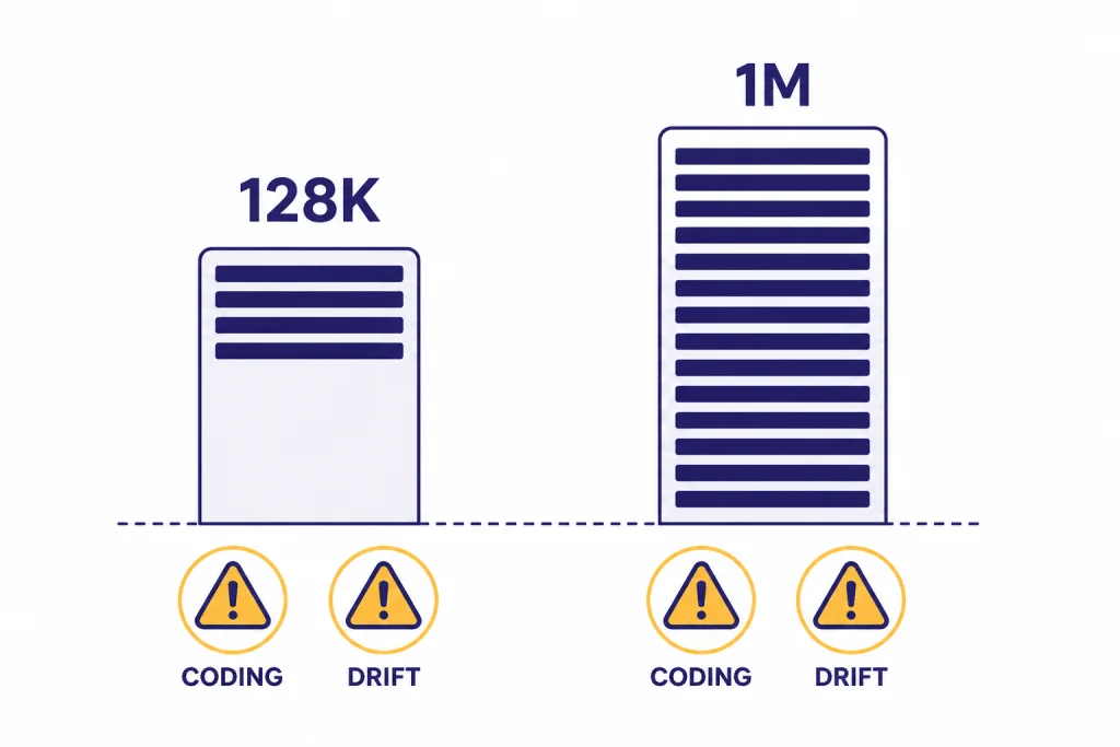 GPT-4o Limitations Chart Limitation chart with bars labeled 128K and 1M plus warning badges labeled CODING and DRIFT.
