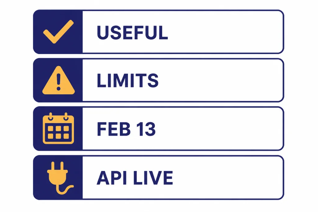 Review scorecard with rows labeled USEFUL, LIMITS, FEB 13, and API LIVE.
