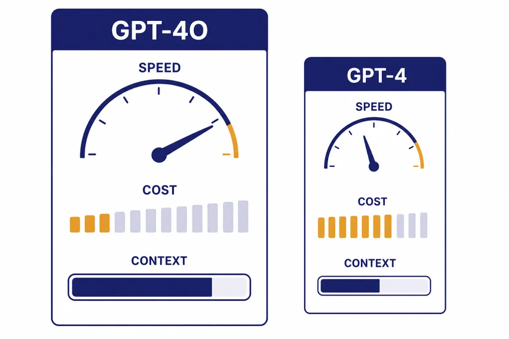 GPT-4o Versus GPT-4 Dashboard Testing dashboard with cards labeled GPT-4O and GPT-4 plus SPEED, COST, and CONTEXT gauges.