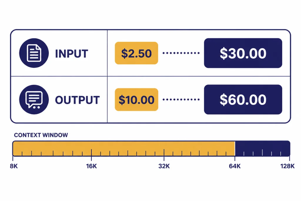 Token pricing panel labeled INPUT, OUTPUT, $2.50, $10.00, $30.00, and $60.00.
