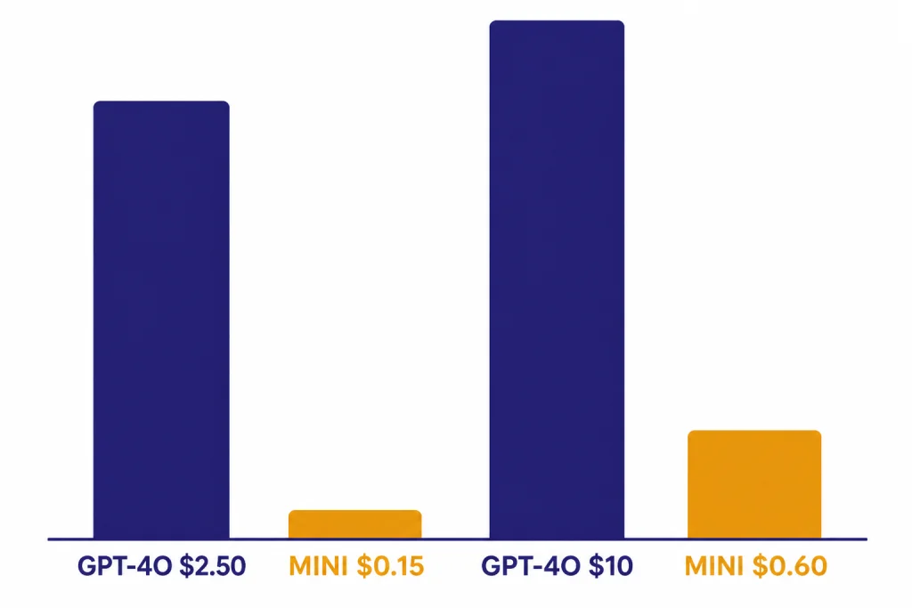 API Price Bars Four price bars labeled GPT-4O $2.50, MINI $0.15, GPT-4O $10, and MINI $0.60.