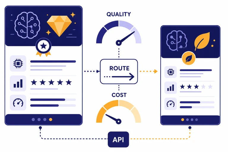 Decision dashboard with two model cards, routing arrow, and gauges labeled QUALITY, COST, ROUTE, and API.