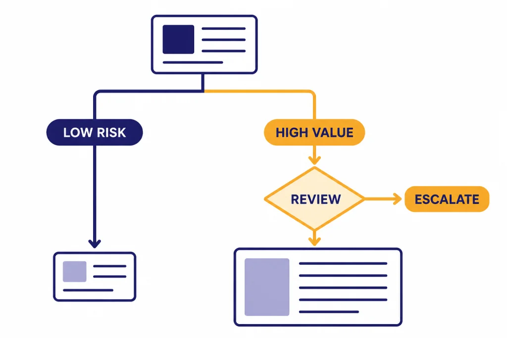 Routing flowchart with paths labeled LOW RISK, HIGH VALUE, REVIEW, and ESCALATE.