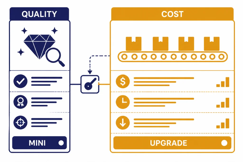 Verdict matrix with columns labeled QUALITY and COST, plus MINI and UPGRADE routing labels.