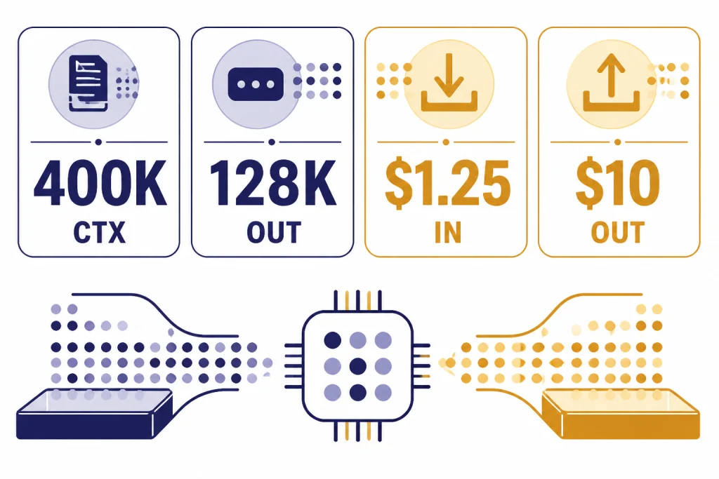 Spec card with four tiles labeled 400K CTX, 128K OUT, $1.25 IN, and $10 OUT.