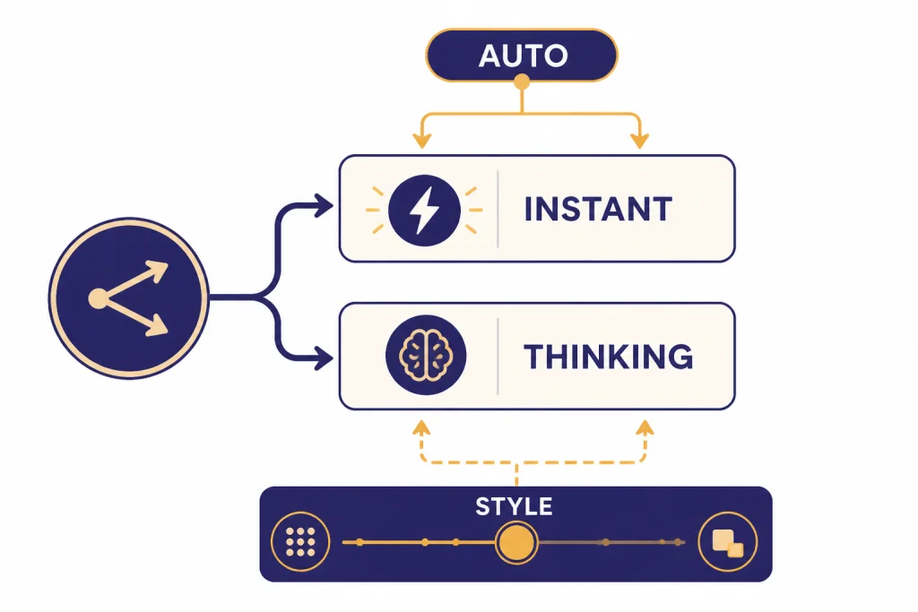 Instant Thinking Style Router Router diagram labeled AUTO splitting to INSTANT and THINKING cards with a STYLE slider.