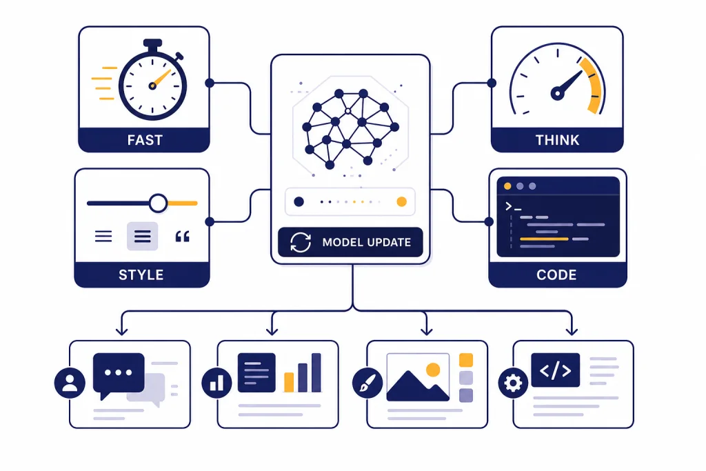 GPT-5.1 Update Overview Central model card connected to four modules labeled FAST, THINK, STYLE, and CODE.