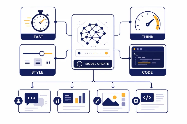 Central model card connected to four modules labeled FAST, THINK, STYLE, and CODE.