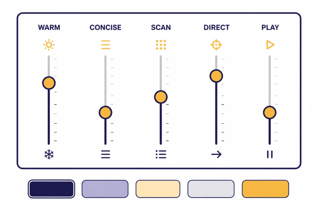 Personalization Control Sliders Personalization panel with sliders labeled WARM, CONCISE, SCAN, DIRECT, and PLAY.